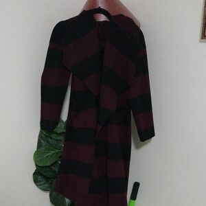 Striped Open-Front Long Cardigan Sweater in Burgundy and Black